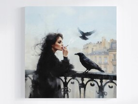 Vászonkép Canvas Város Terasz Nő Madár Holló Cigaretta Köd 40x40