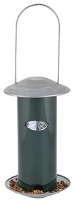 Felakasztható önadagolós fém madáretető, sötétzöld, 23 cm