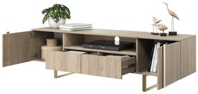 Verica 200 cm-es TV-szekrény nyitott polccal - szivacsos tölgy / arany lábak
