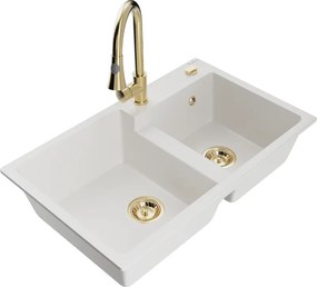 Mexen Tomas gránit mosogató 2-medencés konyhai csappal Elia, fehér - 6516-20-670101-50