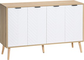HOMCOM Konyha Oldalszekrény 4 Heringmintás Ajtóval - Fa Lábakkal és Állítható Polcokkal, Buffet Szekrény Étkezőbe és Nappaliba 120x35x77,4 cm Fehér és
