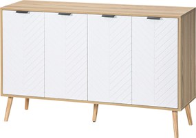 HOMCOM Konyha Oldalszekrény 4 Heringmintás Ajtóval - Fa Lábakkal és Állítható Polcokkal, Buffet Szekrény Étkezőbe és Nappaliba 120x35x77,4 cm Fehér és