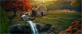Egy ház képe egy mesebeli tájban (120x50 cm)