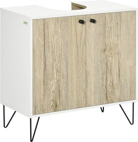 kleankin Fa Mosdó Szekrény Alá Mosdó Komód 2 Ajtóval, Polccal és Acél Lábbal 60x30x60 cm Tölgy és Fehér | Aosom