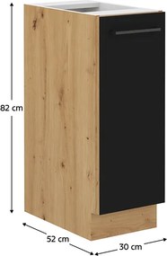 Alsó szekrény fém kosárral, matt fekete/artisan tölgy, MONRO 30 D CARGO