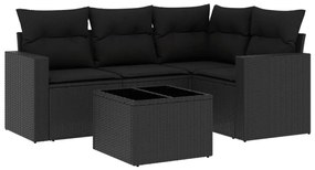 5 részes fekete polyrattan kerti kanapészett párnákkal