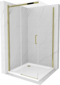 Mexen Omega eltolható zuhanykabin 100 x 100 cm, 8 mm-es üveg, arany profil-átlátszó üveg + vékony zuhanytálca 5 cm, 825-100-100-50-00-4010