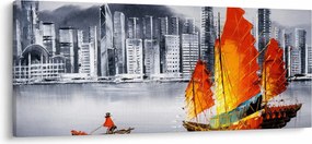 Festmény - Victoria Harbour, Hong Kong, fekete-fehér olajfestmény (120x50 cm)