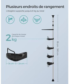 Állítható magasságú zuhanypolc 95-300 cm, teleszkópos  fürdőszobai tároló, ezüst és fekete