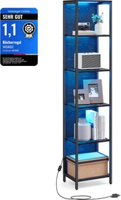 VASAGLE 6 szintes könyvespolc állítható LED-világítással, 178,6 cm, ébenfekete