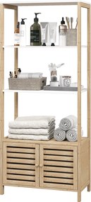 HOMCOM Bambusz Fürdőszobai Polc 3 Nyitott Polccal és Két Ajtós Tárolóval 63x30x138 cm Természetes Fa és Fehér | Aosom