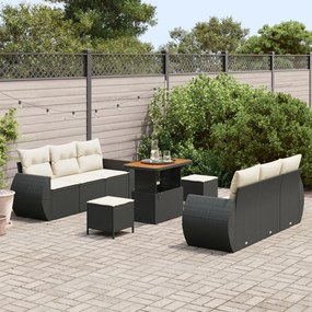 9 darabos kertibútor szett párnákkal fekete poly rattan akácia, 3 darabos kertivacsora szett párnákkal fekete poly rattan akácia