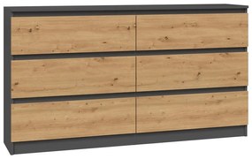 Riano MIX M6 140 2x3 fiókos szekrény, 138x75x40 cm, antracit-tölgy