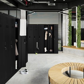 Pléh öltözőszekrény talpazaton, négymodulos, polcokkal KACPER II, 600 x 1800 x 500 mm, fekete