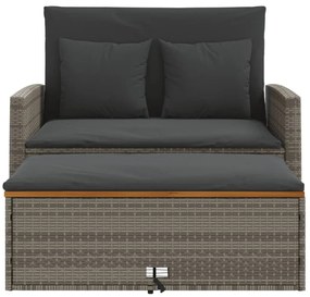 2 személyes szürke polyrattan/akácfa kerti kanapé párnával