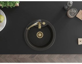 Mexen Diego, 1 kamrás gránit mosogató 488x488x167 mm és Aster mosogató csaptelep, fekete-arany metál, 6512-75-73450-57-G