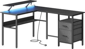 L alakú sarokíróasztal LED világítással, 4 konnektorral, 2 USB-porttal és monitorállvánnyal, 150 x 120 x 76 cm, fekete