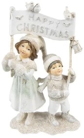 Gyerekek Happy Christmas táblával, 14x7x23cm, fehér-ezüst karácsonyi dekorfigura