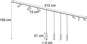 Modern fekete sínrendszer 6 spotlámpával és 4 függőlámpával, sötét bronz színben, 1 fázisú - Slimline Uzzy Loyce