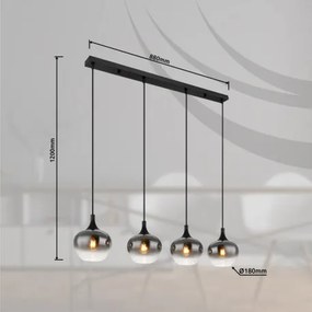 Globo 15548-4H Függesztett lámpa, matt fekete fém, füstszínű üveg, fekete textil kábel, magasságban állítható, HxSzxM: 1000x180x1200mm, izzók nélkül 4x E27 40W 230V