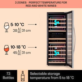 Klarstein Vinamour 73 Duo, borhűtő, 192 liter, 73 palack, 5 -18 °C, 2 zóna, érintésvezérlés