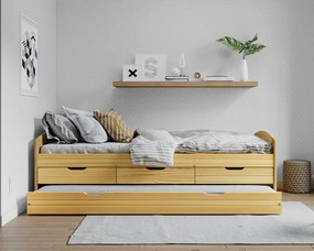 Ágy kihúzható pótággyal, természetes, tömörfa, 90x200, MARINELLA NEW