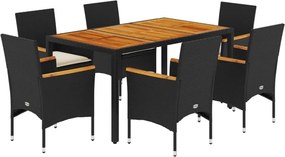 vidaXL 7részes fekete polyrattan/akácfa kerti étkezőgarnitúra párnákkal