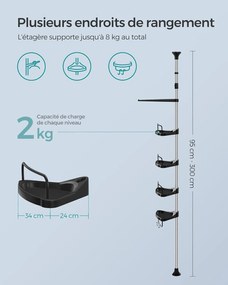 Állítható magasságú zuhanypolc 95-300 cm, teleszkópos fürdőszobai tároló, ezüst és fekete