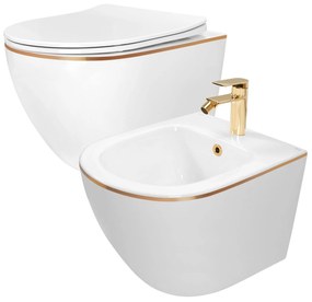 Rea Carlo Mini Gold Edge, falra szerelhető WC csésze 490x370 mm + bidé 495x370 mm, fehér, arany szegéllyel, KPL-C1222