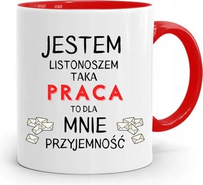 Piros Bögre Ajándék Postásnak Vagyok nyomott mintával