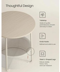 Kerek asztal, kis dohányzóasztal szövetkosárral, krémfehér