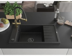 Mexen Elias, 1 kamrás gránit mosogató 795x480x200 mm és Duo mosogató csaptelep, fekete, 6511-77-671701-57-B
