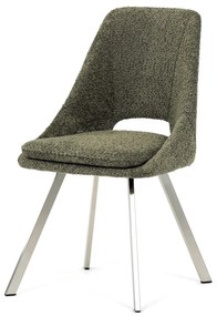 Scaun de sufragerie modern, tapițerie din material verde, picioare metalice, oțel inoxidabil periat.