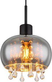 Globo 15839H Függeszték fém matt fekete, füstszínű üveg, átlátszó üvegkristályok, kábeltextil fekete, magassága lerövidíthető (függőlámpa), ø: 210mm, M:1200mm, nem tartozék: 1x E27 LED 9W 230V