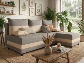 Kinyitható kétoldalas L-alakú sarokgarnitúra VALERIO SLIM 200x140 cm, világosszürke/bézs + 2 párna AJÁNDÉKBA