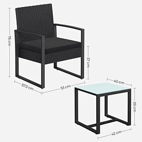 Kerti bútorszett, terasz ülőgarnitúra, polyrattan, asztal és 2 szék, fekete