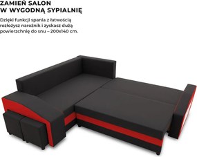 Grande sarokkanapé polcokkal és puffokkal , polc a jobb karfaban puffok a bal karfaban, baloldali, szövet anyag, hab töltet, fekete - piros