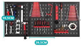 Fém, fali szerszámtartó panel kampókkal és tárolókkal