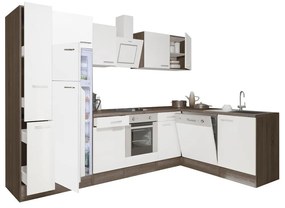 Yorki 310sarok konyhabútor yorki tölgy korpusz,selyemfényű fehér front alsó sütős elemmel felülfagyasztós hűtős szekrénnyel