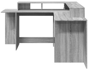 szürke sonoma színű szerelt fa LED-es íróasztal 152x152x91 cm