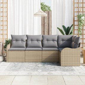 5 Részes Kert Fotel Szett Párnákkal Bézs Poli Rattan, 2-Személyes Kert Fotel Párnákkal Bézs Poli Rattan