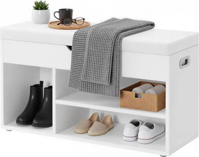 Tárolós Pad Párnával, Cipőpad Párnázott Üléssel, 30 x 80 x 44 cm, fehér