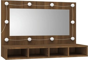 Barna tölgy színű tükrös szekrény LED-ekkel 90 x 31,5 x 62 cm