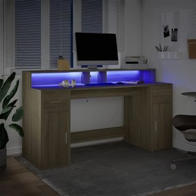 sonoma tölgy színű szerelt fa íróasztal LED-ekkel 160x55x91 cm