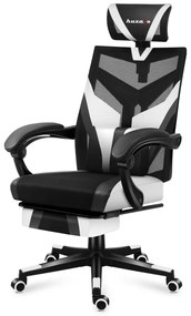 Gamer szék ergonomikus lábtartóval, fekvőtámasz , fekete-fehér.