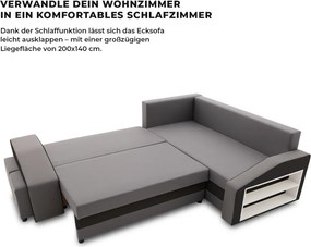 Grande sarokkanapé polcokkal és puffokkal , polc a jobb karfaban puffok a bal karfaban, jobboldali, szövet anyag, bonell töltet, szürke - fekete