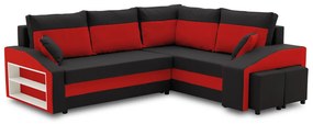 Grande sarokkanapé polcokkal és puffokkal , polc a bal karfaban puffok a jobb karfaban, jobboldali, szövet anyag, bonell töltet, fekete - piros