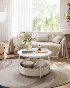 Dohányzóasztal, kerek, tárolóval, modern stílusú, fehér és világos barna, 80 cm