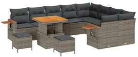 12 Darabos Kerti Szófa Szett Párnákkal Szürke Poly Rattan Akác, 3 Darabos Kerti Étkező Szett Párnákkal Szürke Poly Rattan Akác