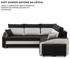 Grande sarokkanapé polcokkal és puffokkal , polc a bal karfaban puffok a jobb karfaban, jobboldali, szövet anyag, hab töltet, fekete - fehér